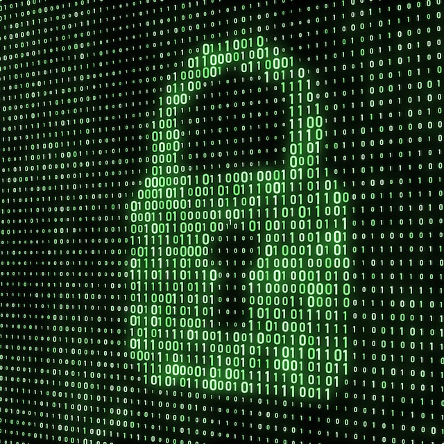 Stock image of digital numbers forming a green lock on a dark background